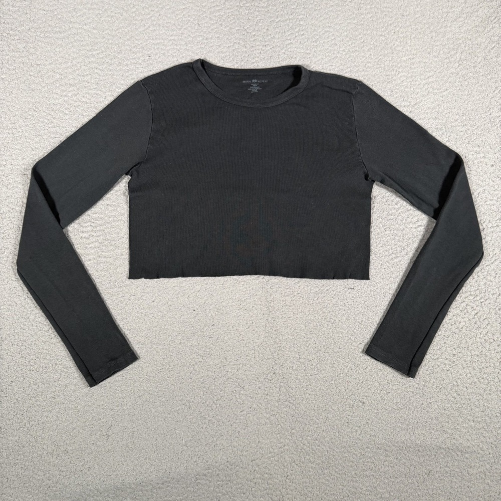 Brandy Melville Shirt Womens OS Black Pullover Crop Long Sleeve 100% Cotton